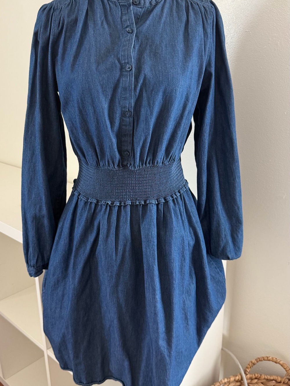 Time and Tru Dark Blue Smocked Waist Button-Front Long Sleeve Dress